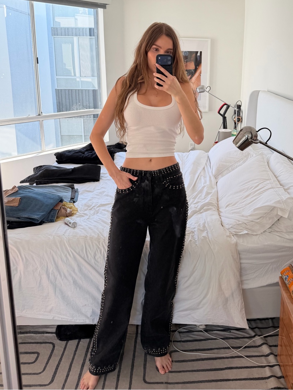 Homme Femme Stud-Trim Black Wide Leg Jeans